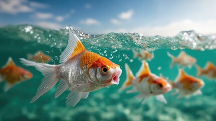 Obraz premium Underwater Scene Featuring Vibrant Goldfish Swimming Gracefully in Clear Aquatic Environment with Sunlight Filtered Through Water Surface