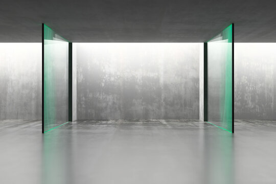 Minimal concrete interior with freestanding glass panels and green tinted edges for architecture background and showroom mockup.3d render