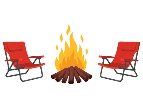Camping chairs and campfire summer outdoor furniture for traveling climbing hiking trakking sport adventure tourism travel backpacking vector illustration