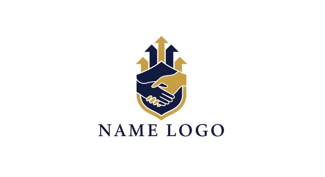 A professional business logo template showcasing a secure handshake within a protective shield, symbolizing strong partnership, financial growth, and upward success for corporate branding