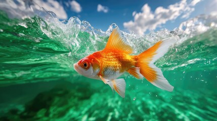 Obraz premium A vibrant goldfish gliding gracefully beneath the surface of crystal clear turquoise water, surrounded by lively bubbles and sunlight filtering through the ocean waves.