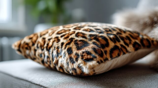 Soft leopard print pillow placed elegantly on a textured sofa, showcasing luxurious home decor elements that enhance modern interior design aesthetics and comfort