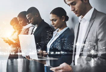 Business people, tech and row with double exposure for hiring, paperless or online application. Recruitment, thinking and group with human resources, interview and opportunity on city overlay