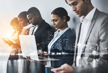 Selbstklebende Fototapeten Altes Krankenhaus Beelitz Business people, tech and row with double exposure for hiring, paperless or online application. Recruitment, thinking and group with human resources, interview and opportunity on city overlay  © peopleimages.com