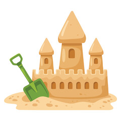 Cartoon vector sandcastle with towers and shovel in minimalist style featuring pointed turrets and spade placed in front for seaside themed designs © Nass Studio
