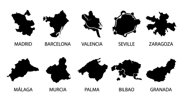 Collection of Major Spanish Cities Map Silhouettes: Madrid, Barcelona, Valencia, Seville, Zaragoza, Malaga, Murcia, Palma, Bilbao, Granada