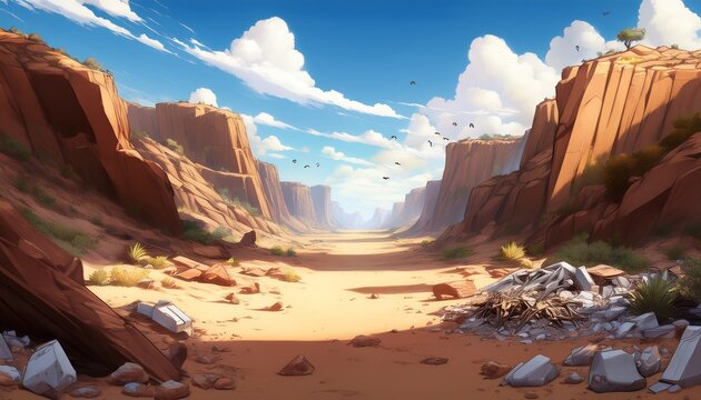 Wasteland Canyon Filled With Debris And Sand Anime Cartoon Illustration Background Scene