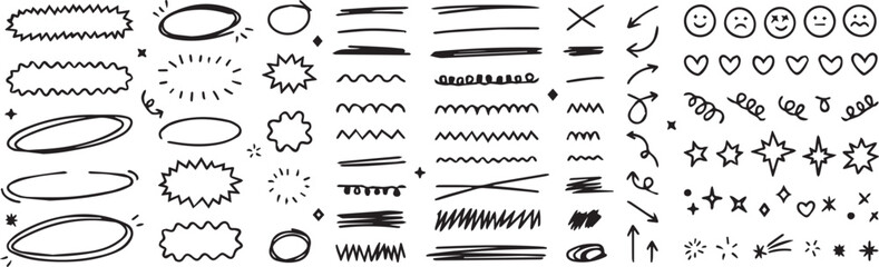 Obraz premium Scribble doodle underline emphasis line shape set. Hand drawn brush stroke highlight speech bubble cloud sparkle arrow element in childish drawing style. Simple vector illustrations. Editable stroke.
