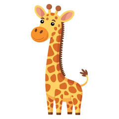 Fototapeta premium Cheerful cute cartoon giraffe standing tall against a white backdrop creating playful mood, charming animal character design for children visuals