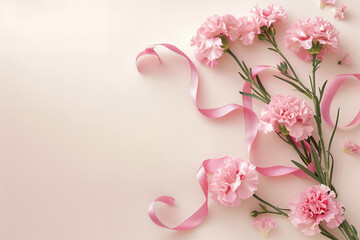 右側にカーネーションとリボンをまとめ左側に広い余白を確保した春の背景素材