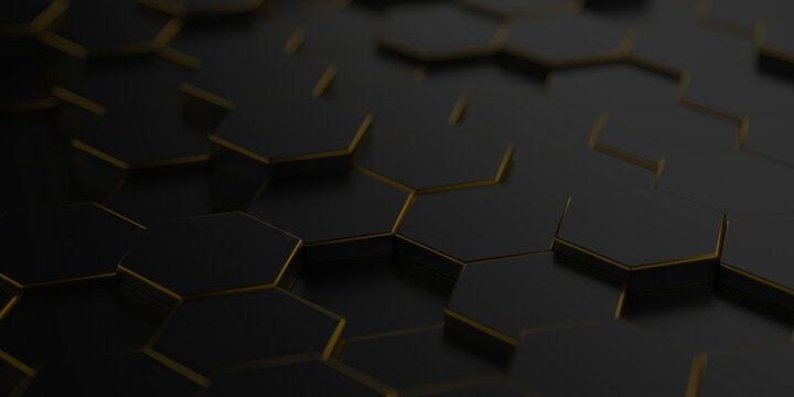 Abstract black hexagon pattern with subtle gold edges modular honeycomb texture for futuristic background wallpaper .3d render