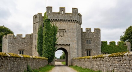 Obraz premium Stone castle entrance, arched gate, ivy, flag, cloudy sky, and a path leading into the structure