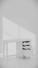 Fototapeta premium Compact wooden desk with three drawers and clean lines. Perfect for furniture catalogs, product visualization, interior design projects, and modern workspace decor presentations.