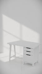 Compact wooden desk with three drawers and clean lines. Perfect for furniture catalogs, product visualization, interior design projects, and modern workspace decor presentations.