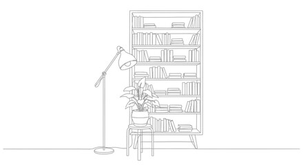 Bookshelf with lamp and plant, cozy reading nook, continuous line drawing © Line Home