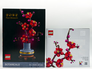 Naklejka premium Bologna - Italy - March 3, 2026: LEGO Botanicals Plum Blossom set 10369 box with building instruction manual isolated on white background.