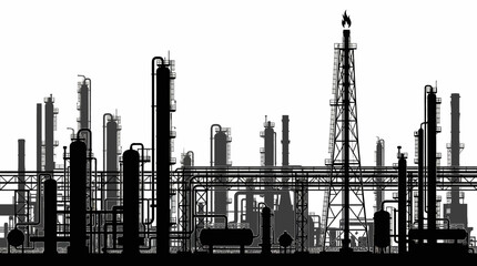 Obraz premium Silhouette of an industrial oil refinery with multiple towers and structures against a white background, representing heavy industry and energy production