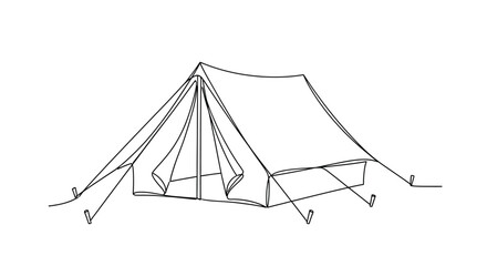 Single line art of a camping tent pitched outdoors, symbolizing adventure and travel © Line Home