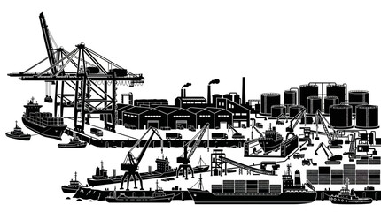 Fototapeta premium Industrial harbor scene with cargo ships, cranes, and storage tanks, illustrating global logistics and trade