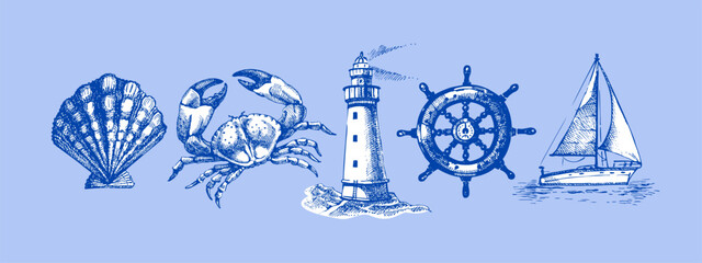 Vintage summer sea set. Retro sketch beach vacation stickers. Hand drawn vector illustration. © pim