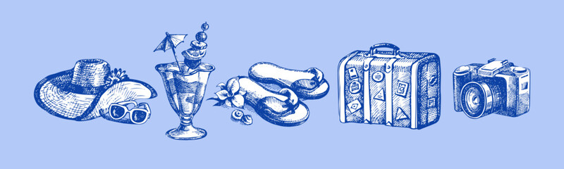 Vintage summer coastal set. Retro sketch beach vacation stickers. Hand drawn vector illustration. © pim