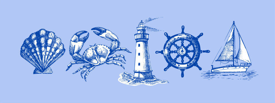 Vintage summer sea set. Retro sketch beach vacation stickers. Hand drawn vector illustration.