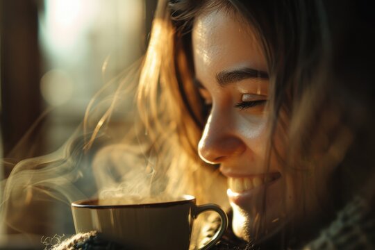 Woman smiling with steaming tea close-up
