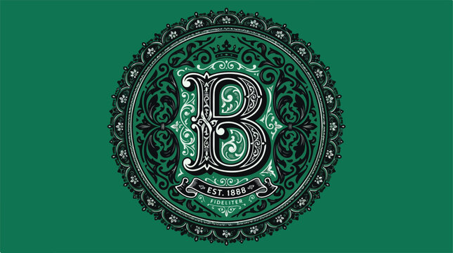 Elegant Vintage Letter B Emblem with Ornate Details and Green Background.