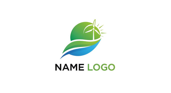 Modern green energy logo template, showcasing a dynamic wind turbine with sun, leaf, and wave motif, ideal for sustainable environmental businesses