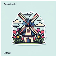 Naklejka premium Colorful Cartoon Windmill with Tulips Illustration.
