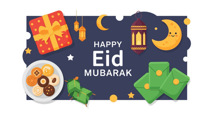 Fototapeta premium A charming Flat Design illustration showcasing 'Happy Eid Mubarak' typography encircled by cute cartoon elements like gifts, sweets, and a traditional lantern. 
