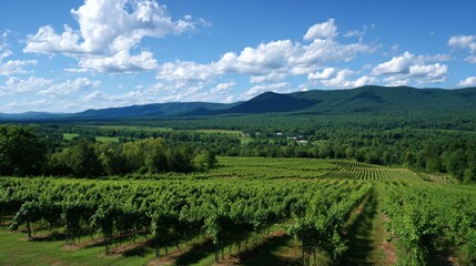 Fototapeta premium Vineyard Landscape with Rolling Green Hills Under a Blue Sky with Fluffy Clouds