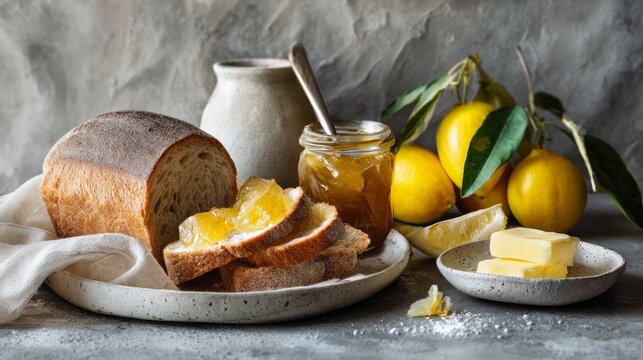 Sweet quince paste, bread, and butter sit on a grey textured table in a flat arrangement.