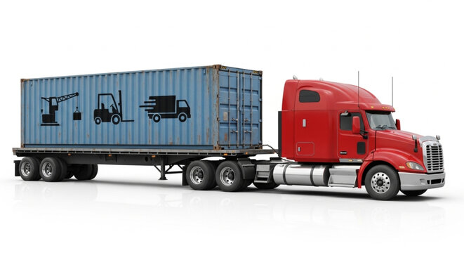 Red Semi Truck with Shipping Container.