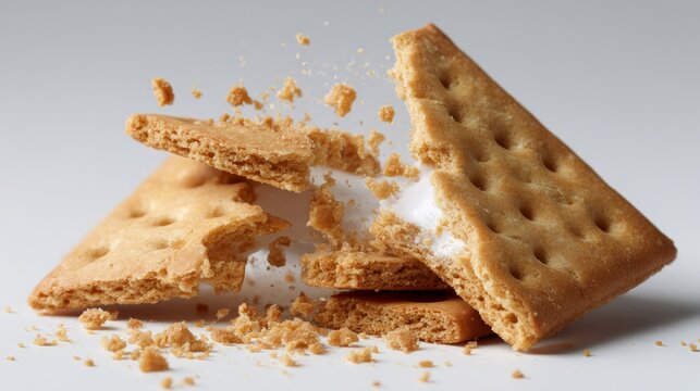 Bits of broken cracker lay on white.