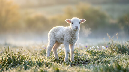 Naklejka premium A fluffy newborn white lamb stands alone in a dewy spring meadow with wildflowers, bathed in soft golden morning mist.