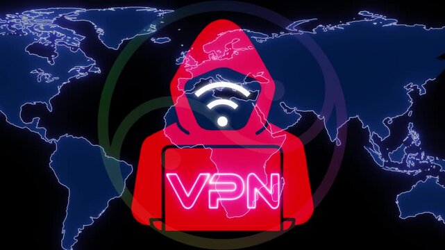 V,P,N on moving loop. Virtual private network and encrypted tunnel abstract concept V,P,N Digital Global Technology World Network connections Loop background. internet hotspot symbols over world map