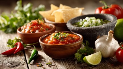 Spicy salsa dips and fixings sat on a wood surface.