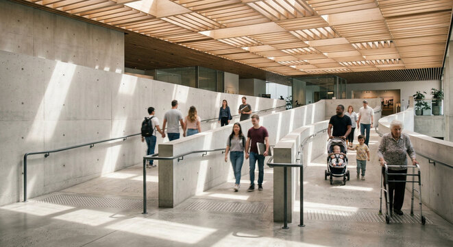 Barrier-free ramp in modern public building with people, accessibility and universal design concept
