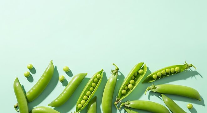 Fresh green pea pods and peas scattered on a light blue surface.