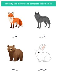 Fototapeta premium Fox and Wolf Animal Learning Worksheet Complete the word printable spelling practice page