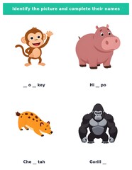 Jungle Animals Spelling Practice Sheet Complete the word printable spelling practice page