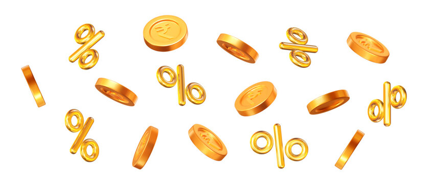 3d vector flying golden shiny Indian rupees coins with percent discount. For promotion, marketing and advertising in social networks. Stock vector illustration on isolated background.