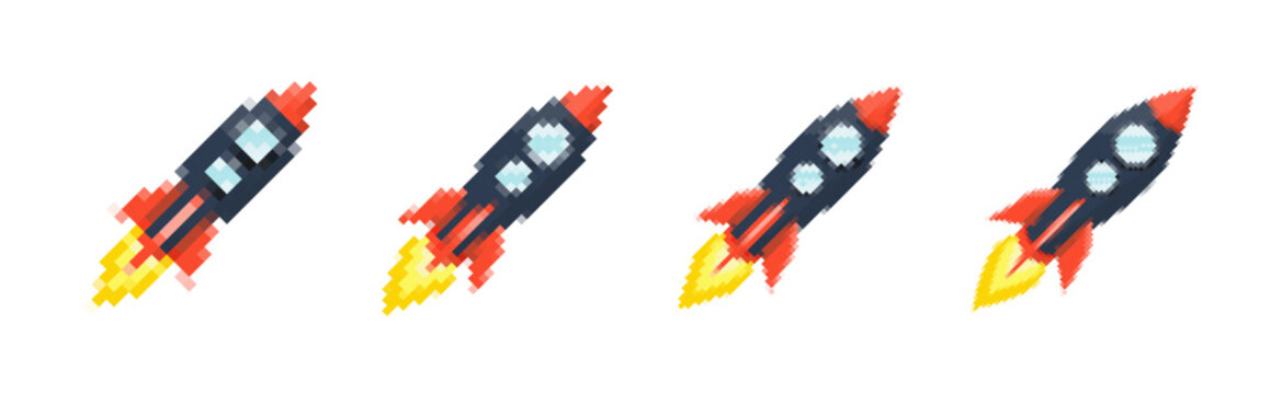 Pixel art rocket with fiery trails, retro games, space-themed designs, apps, or animations. 8-bit style for technology, sci-fi, and futuristic creative projects. Vector illustration