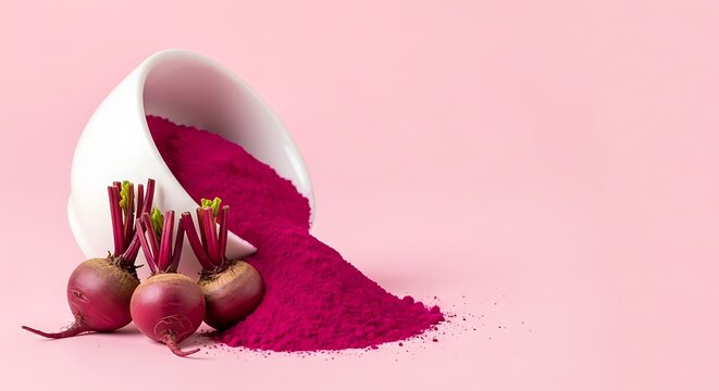 Vibrant Beetroot Powder Spill with Fresh Beetroots on Pink Background.