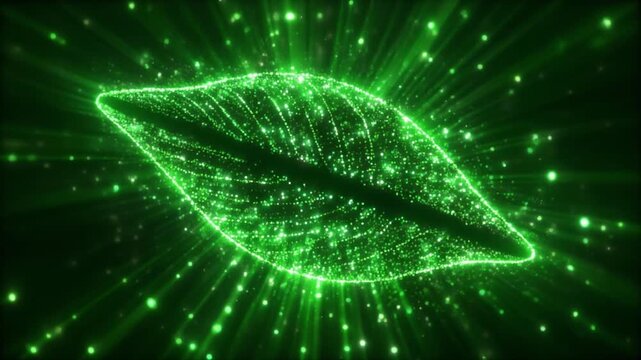 Abstract glowing green leaf shape formed by digital particles and light effects on a dark background, symbolizing nature and technology.