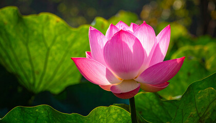 Fototapeta premium A stunning blooming pink lotus flower captured in natural light, featuring vibrant green leaves and a soft bokeh background. Perfect for tranquil and nature-themed designs.