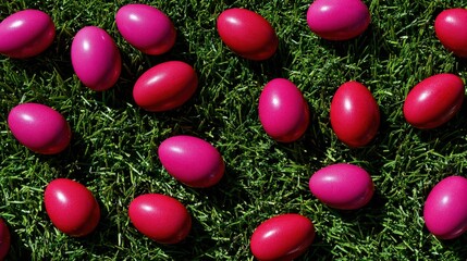 Obraz premium Vibrant Pink And Red Speckled Easter Eggs Scattered On Lush Green Grass