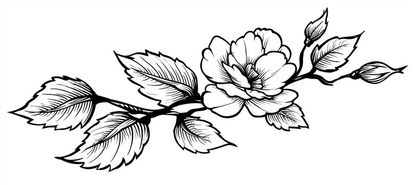 leaves tattoo design with one flower and leaves on a white background, vector illustration line art. simple hand-drawn floral element for a women's day or mother's day greeting card template. black ou