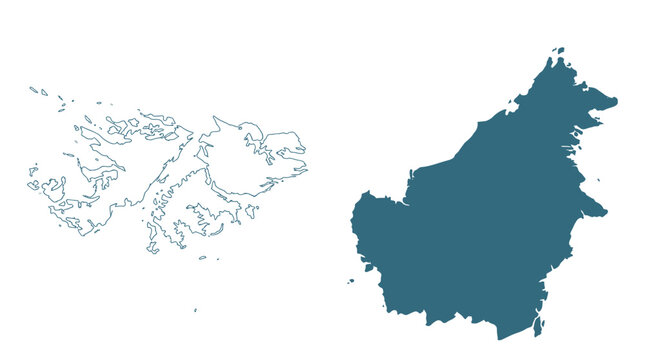 Falkland Islands (Malvinas) Outline and Borneo Island Solid Blue Map Vector Set on White Background